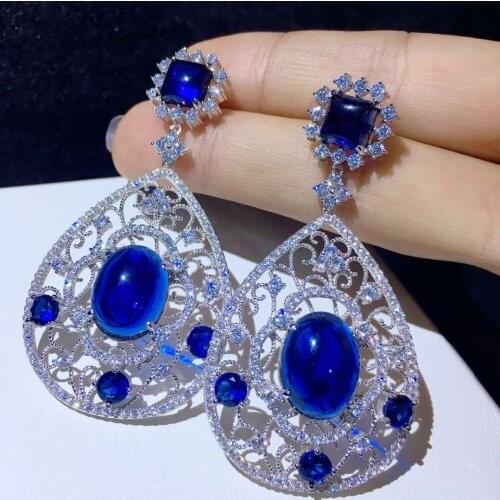 Vintage big water drop earring blue color 925 sterling silver with cubic zircon fine women jewelry free shipping party