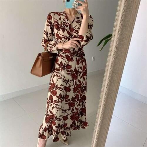 Retro chic floral print elegant long dress outgoing spring womens dress all-match sweet embroidery mermaid 2021 new arrivals