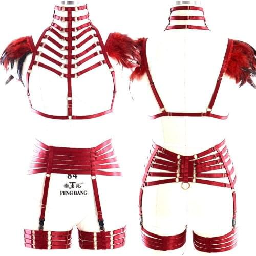 Womens Underwear Feather Sexy Lingerie Set Harness Fashion Gothic Body Cage Bra Rave Festival Bralette Harness Sculpting Garter