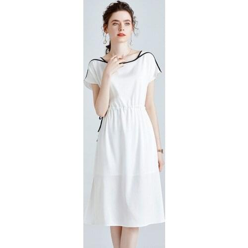 White with Black Fillets Silk Crepe Dresses Women 2021 Summer Long Casual Sexy Office Work Daily Dress Plus Size Slim Fit A Line