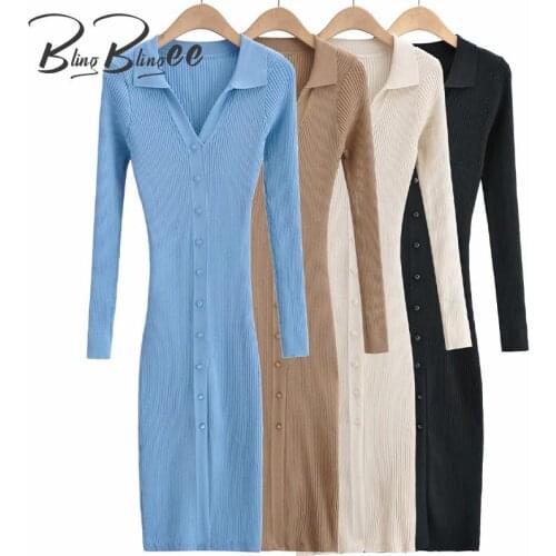 BlingBlingee Za 2021 Autumn Winter Woman Casual Traf Sweaters Midi Dress Single Breasted V Neck Knit Knee Length Bodycon Dress