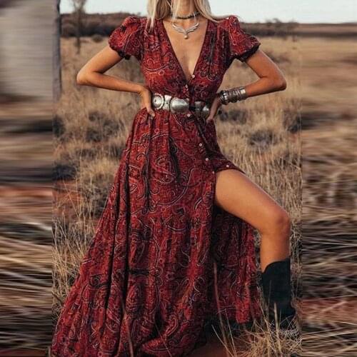 Elegant Lady Puff Short Sleeve Party Dresses Women Casual Fashion Button Maxi Dress Vintage Pattern Printed Hem Slit Long Dress