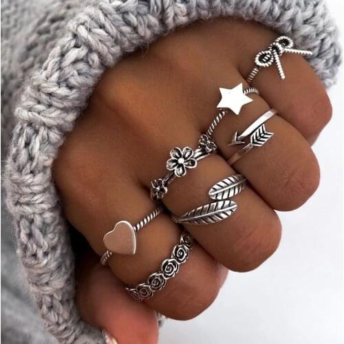 Vintage Bohemian Ancient Silver Women Finger Ring Set Heart Star Moon Frog Shell Arrow Butterfly Leaf Flower Animal Jewelry Gift