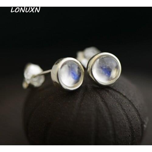 0.6cm round 925 Sterling Silver Earrings crystal Moonstone blue simple lady Natural semi-precious stones Small stud Earrings
