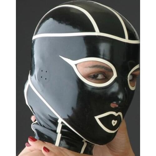 100% natural latex mask rubber head hood Fetish Cosplay Mask with open eyes black/white color