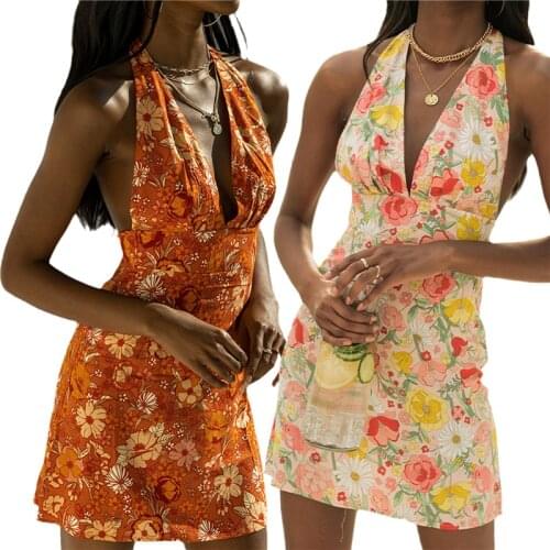 2021 Summer New Women Sexy Deep V-Neck Backless Beach Dress Elegant Lace-Up Halter Party Dress Fashion Retro Floral Print Dress