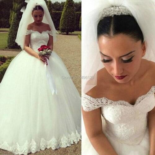 Elegant Tulle Off-the-shoulder Neckline A-line Wedding Dresses With Lace Appliques Cap Sleeves Bridal Dress vestido de madrinha