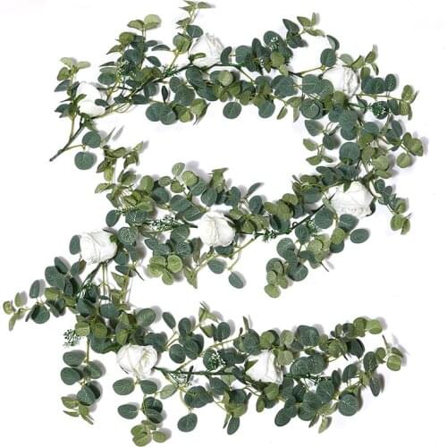 1.8m Eucalyptus Garland with Roses Natural Eucalyptus Flowers Garland Hanging for Wedding Home Party Garden Craft Art Decor