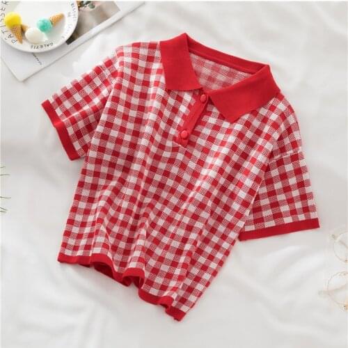 Heliar Women Plaid Polo T-shirts Short Sleeve Crop Tops Knitted Female Summer Clothes Holiday Casual Tees Button Up