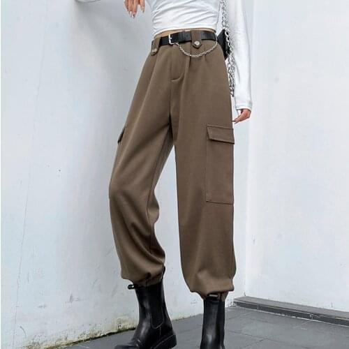 JMPRS Warm Women Cargo Pants Winter Fashion Belt Woolen Harajuku Pants Casual Bf High Waist Black Loose Thick Female Trousers