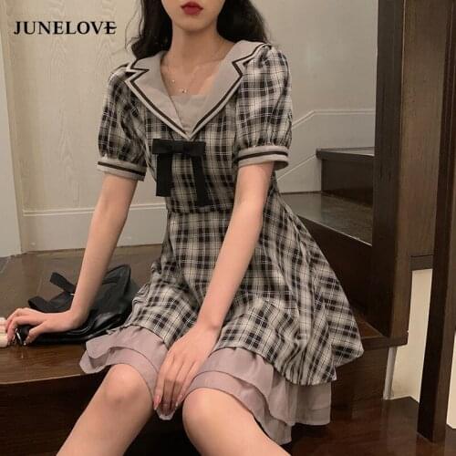 JuneLove Retro Y2k Plaid Dress Women French Sailor Collar Cute Ruffle Fairy Dress Summer Casual Kawaii Lolita Gothic Dress 2021