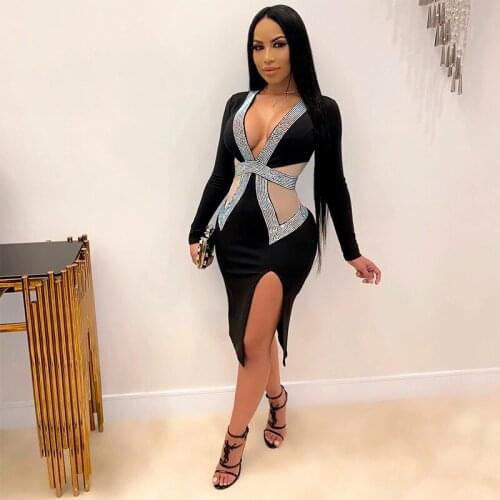 Kalenmos Woman Dress Deep V-neck Mesh Gauze Hot Rhinestone Tight-fitting Hip Sexy Evening Party Dress Stitching Contrast