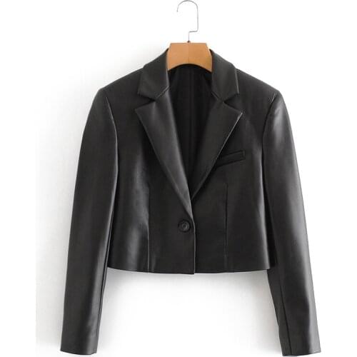 Trendy New Spring Women Pu Faux Leather Jacket Autumn Casual Female Lapel Short Coat Single Button Long Sleeve Black Outwear