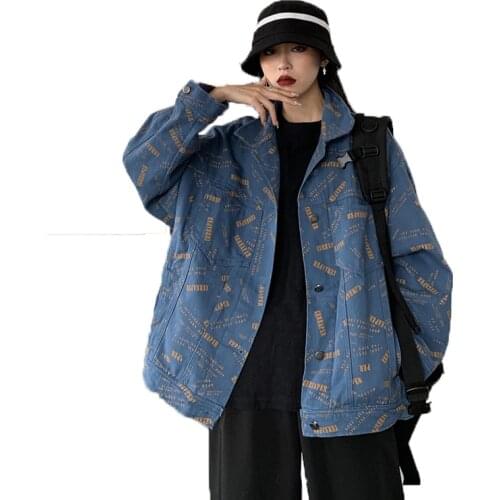 Black Jacket Women Spring Autumn Fashion Korean Letter Print Hip Hop Blue Jean Jacket Female Casual Loose Long Sleeve Denim Coat