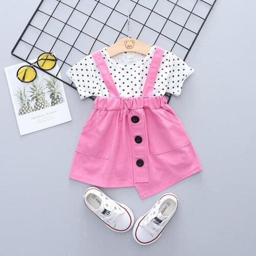 Fashion Summer Baby Girl Clothes Cotton Girl Tops + Pants Suspender Summer Short-sleeve Polka Dot Dress Children Clothing Set