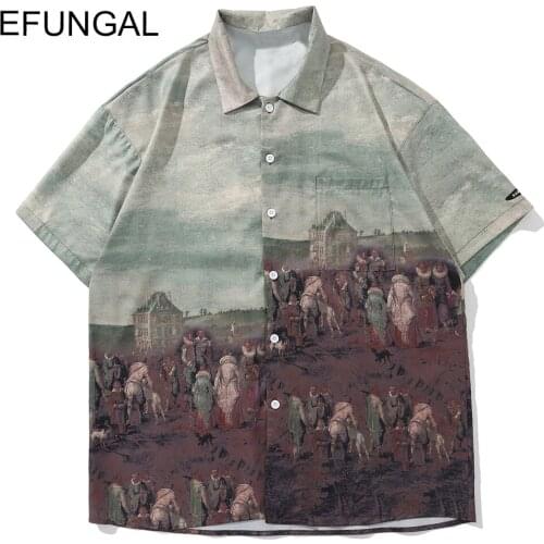 EFUNGAL Painting Print Summer Shirts Men Hawaiian Shirt Japanese Fashion Harajuku Short Sleeve Vintage Streetwear Casual Tops