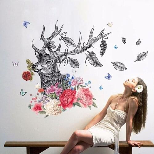 Hand-Painted Flowers Deer Head Cartoon Wall Stickers Bedroom Living Room TV Sofa Background Decoration Removable Poster Stickers