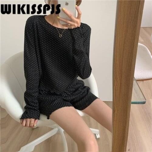 2021Summer New Style Girls Long Sleeve Shorts Comfortable Wave Point Niche Home Wear Lounge Wear Two Piece Set Black pajamas
