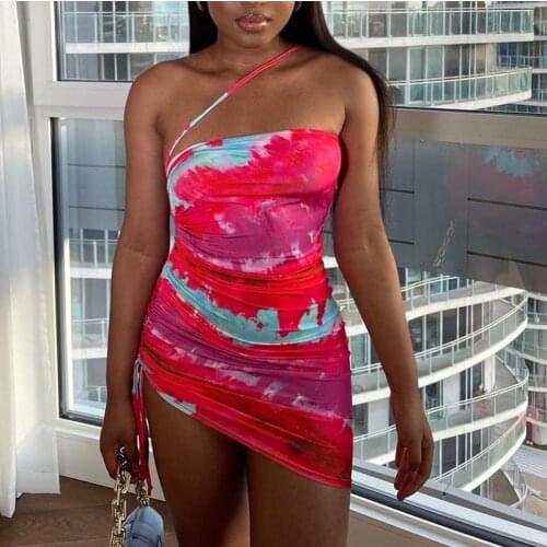 Wsevypo Sexy Women’s One-Shoulder Tie-dyed Short Dress Summer Clubwear Party Side Drawstring Pleated Ruched Mini Dress Backless