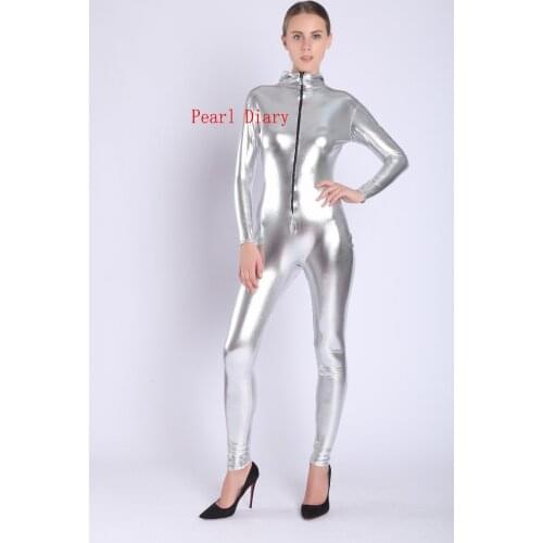 Brand Pearl Diary Sexy unisex Shiny Metallic Catsuit Lady Leotard Catsuit bodysuit Tights with hooded