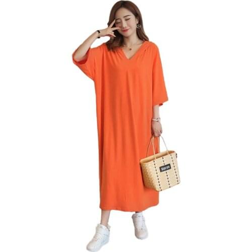 Large size Loose Cotton Dress Pregnant Woman Clothing Hooded Summer Short sleeve Orange Dresses Female Casual Long Dresses 2596