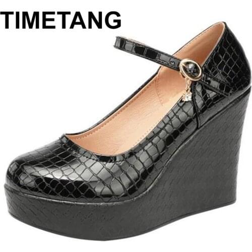 TIMETANGSexy Ladies Black Patent Leather Shoes 2021 Women Wedding Shoes Bride High Heels Wedge Platform Pumps Croco Pattern Danc