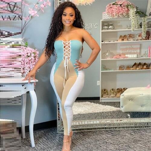 VAZN 2021 Spring Patchwork Evening Party Cross Bandage Top Strapless Sleeveless Young Sexy Women Pencil Jumpsuits