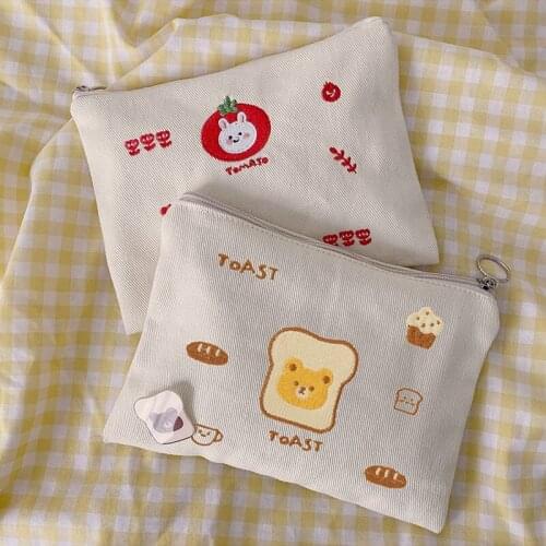 Women Canvas Cosmetic Bag Cute Embroidery Makeup Bags Girls Lovely Cloth Wallet Cotton Zipper Purse Storage Organizer Pencil Bag