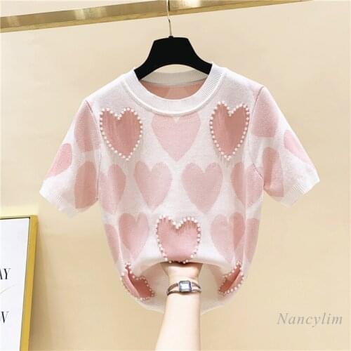2021 Spring New Loose Love Jacquard Beaded Short Sleeve Knitted T-shirt Womens All-Matching Juper Top Pink Blue