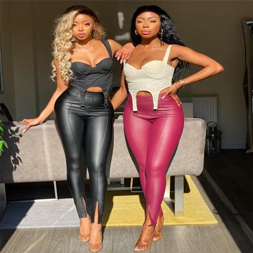 2020 Multicolour Women Black Pink Casual High Waist PU Leather Pants Sexy Solid Color Front Split Pencil Pants Autumn Winter