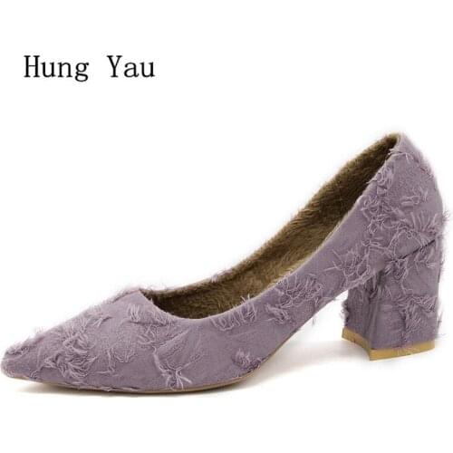 Women High Heels Shoes Casual Pumps Shallow Pointed Toe Thick Heels Woman Walking 2018 Autumn Fashion Slip On Comfortable