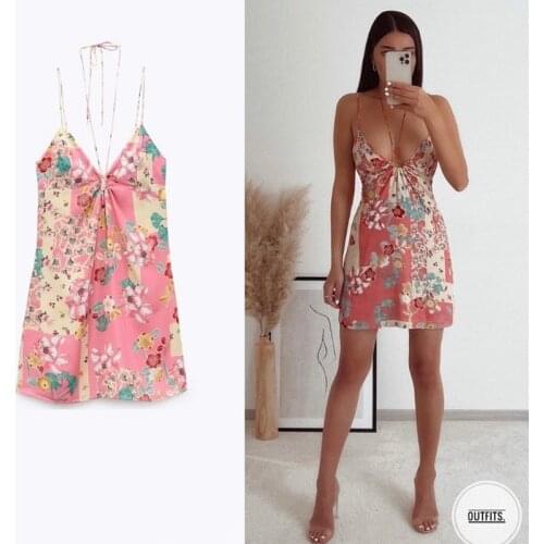 Pink Floral Print Satin Dress Sexy V Neck Drawstring Bust Backless Dresses Summer Fashion Sukienki Letnie Vestidos Cortos New
