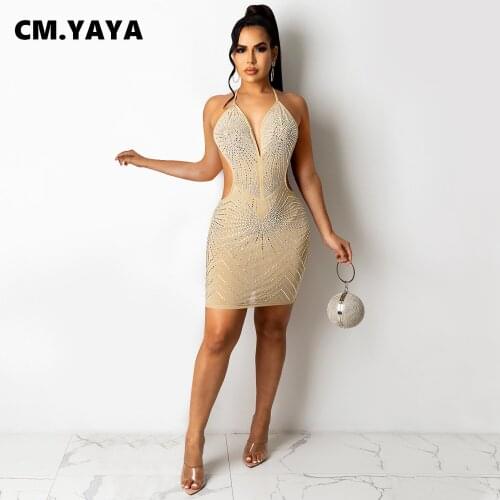 CM.YAYA Women Mini Dress Solid Diamonds Sleeveless Bandage Halter Backless Stratchy Dresses Sexy Night Vestidos Summer Outfits