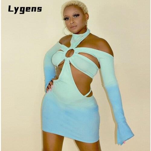 Lygens 2021 Summer Autumn Women Fashion Halter Hollow Out Ring Long Sleeves Bodycon Slim Mini Dress Sexy Y2K Streetwear Y2K