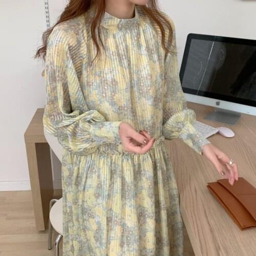 2021 New Women Vintage Summer Long Floral Dress Half High Collar Edible Tree Fungus Loose Straight Pullover Sundress