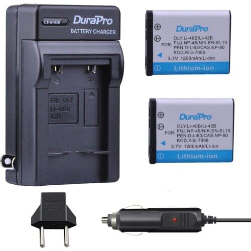 2 x DuraPro 1200mAh Li-40B Li-42B Li 40B 42B Digital Camera Battery + Car Charger+ EU plug For Olympus For Nikon FUJIFILM Camera
