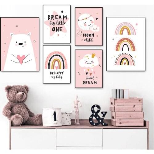 Abstract Rainbow Bear Animal Wall Art Poster Star Cloud Heart Crown Art Print Be Happy Quotes Canvas Painting Baby Room Decor