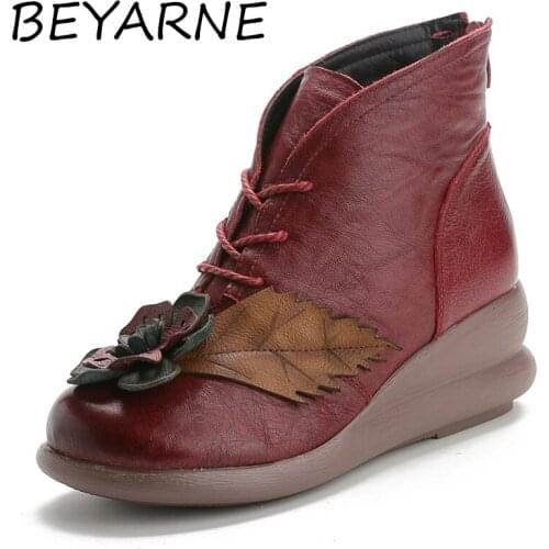 BEYARNE2021New Genuine Leather Womens Ankle Boots Winter Shoes with Retro Flower for Woman Vintage Outdoor Platform Wedge Shoes