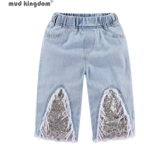 Mudkingdom Sparkly Sequin Girls Crop Jeans Fashion Wide Leg for Girl Summer Clothes Elastic Waist Toddler Cropped Denim Pants