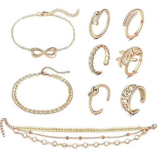 9pcs Bracelet on the Leg and Toe Ring Set for Women Girl Layered Anklets Toe Rings Ankle Bracelets Open Adjustable Toe Rings