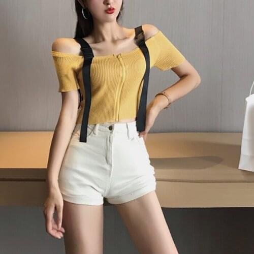 Summer Trend Plain Women Short Sleeve Knit T-Shirts Fashion Zipper Thin Off Shoulder Cropped Tops