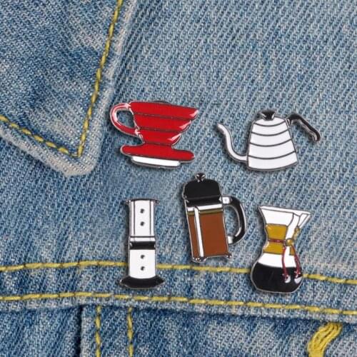5 Style Trendy Coffee Maker Coffee Cup Filter Kettle Metal Enamel Brooch Cute Personality Clothes Backpack Pin Jewelry Best Gift