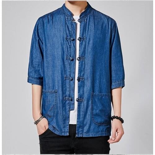Men Chinese Style Zen Tea Denim Shirts Tang Suit Retro Casual Qipao Tops Kung Fu Blouse Coat Japanese Streetwear Jackets 30187