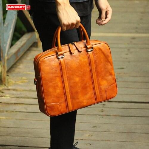 Genuine Leather Men Handbag Mens Vegetable Tanned Leather Briefcase Cross Section Handmade Mens Bag Simple Retro Leather Bags