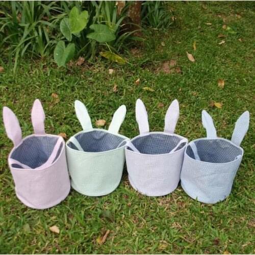 Seesucker Easter Bucket ,Rabbit Blanks Easter Tote, Seersucker Easter Basket With Long Ear, Bunny Easter Basket SN1331