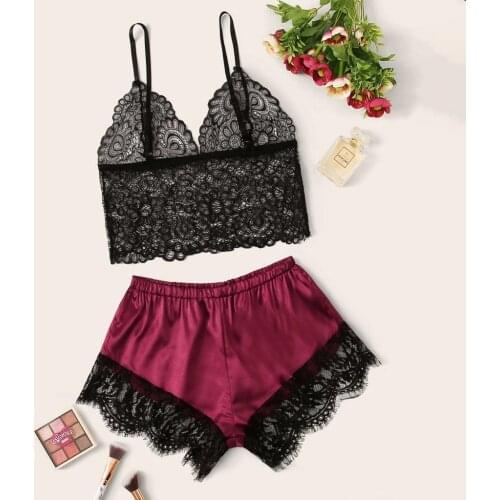 Sexy Romantic Transparent Lace Bra Women Pajama Set Set Lady‘s 2pcs Silky Lingerie Female Underwear Pajama party Dropshiping