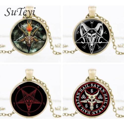SUTEYI Baphomet Inverted Pentagram Pendant & Necklace Head Of Goat Glass Dome Necklaces Satanism Jewelry Accessories Gift