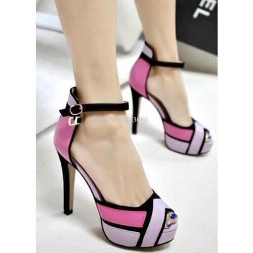 Purple Pink Mixed Color Platform Shoes Women New Peep Toe Stiletto Heel Pumps Lady Buckle Strap Single Shoes Real Photos