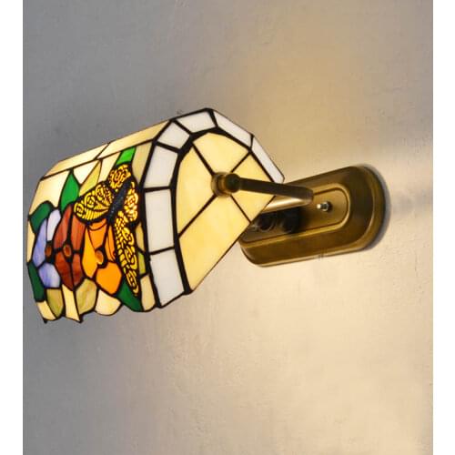 Tiffany Multicolour stained glass butterfly wrought iron wall lamp bank lamp mirror light rustic bed-lighting lamps