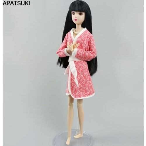 Pink Flower Floral Bathrobe Robe For Barbie Doll Bathroom Suit Winter Pajama Wear Sleeping Casual Clothes 1/6 Toys DIY